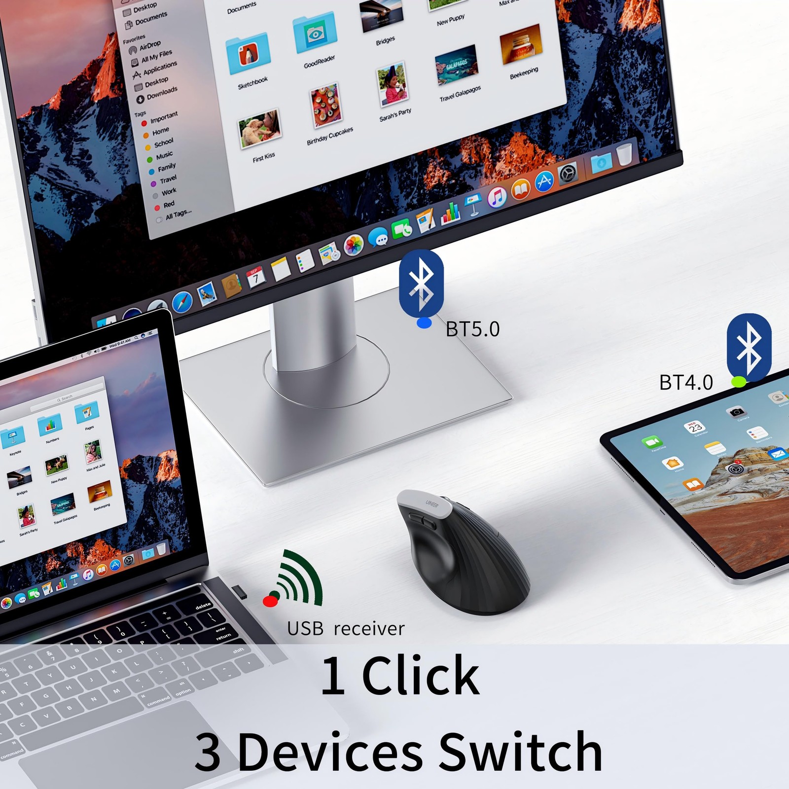 Ergonomic Bluetooth 5.0/4.0 Mouse 2.4GHz Vertical Wireless USBA PC Laptop