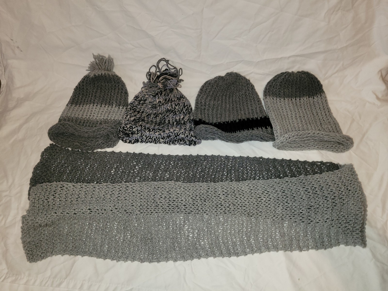 Handmade Crochet 1 Scarf And 4 Hat Gray Beenie Toboggan Matching Family Winter