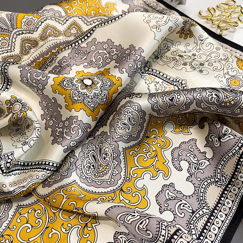 100% Silk Square Scarf Women Neckerchief Bandana Wrap Beige Yellow Paisley 68cm-