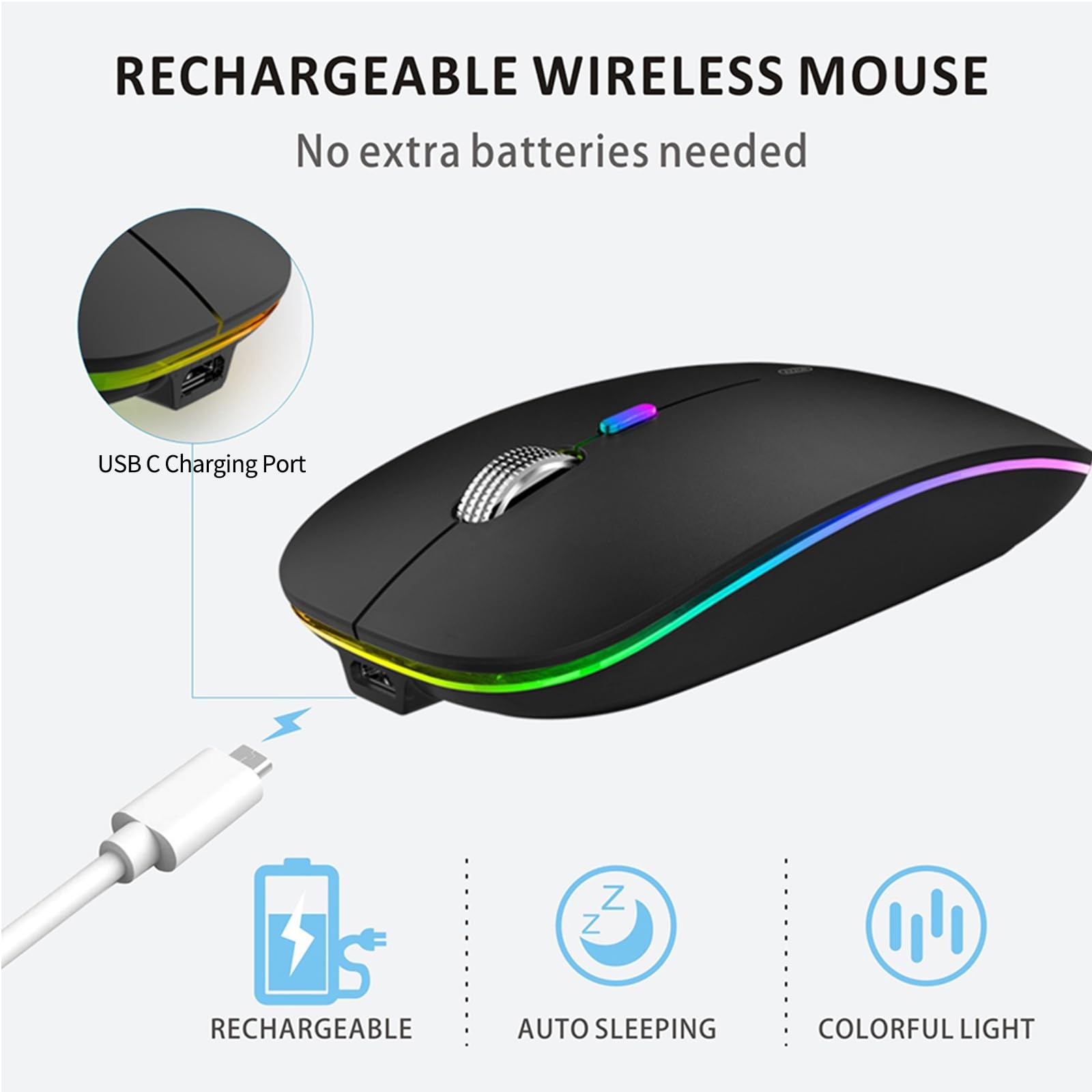LED Wireless Mouse, G12 Slim Rechargeable Silent Mouse, 2.4G Portable USB Opt...