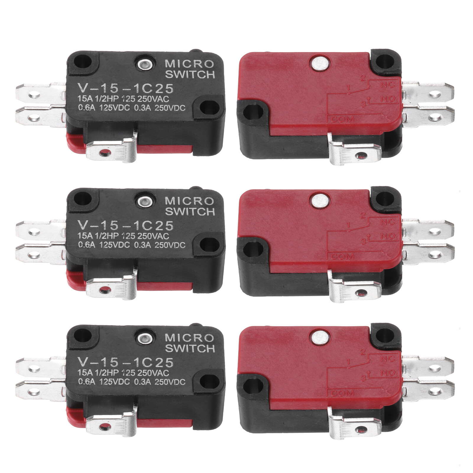 6Pcs V-15-1C25 1NO + 1NC Micro Switch 15A 125/250VAC Waterproof Switches