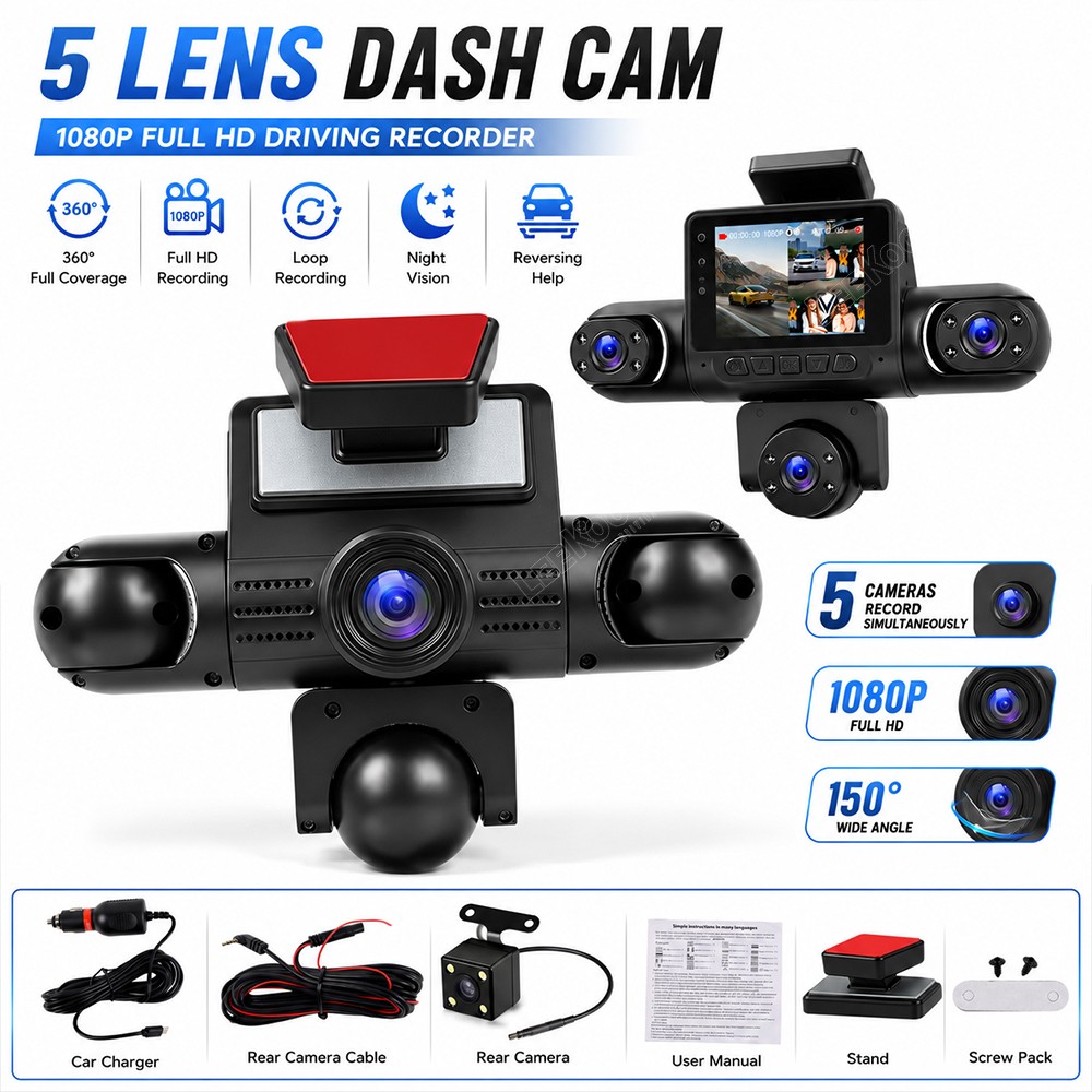 4-Channel 360° Dashcam 1080P HD Car Dash Camera Front Rear Inside Left Right US