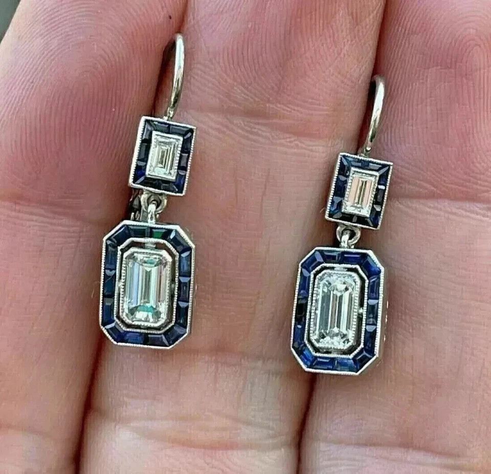 Art Deco Style Emerald Cut Lab Created Diamond 925 Silver Anniversary Earrings