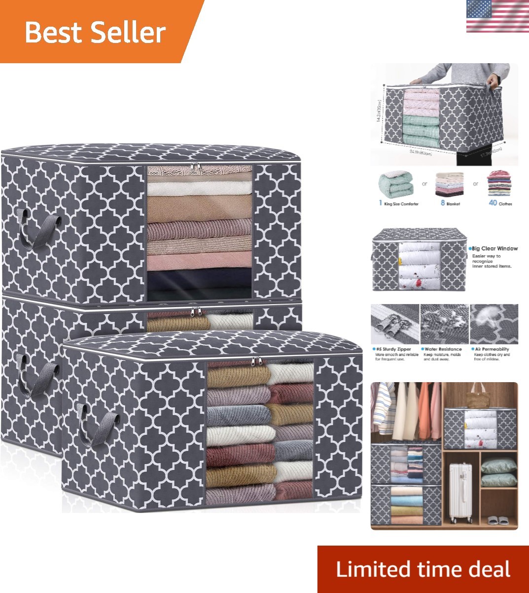 Durable and Breathable Storage Bags with Clear Window - 3 x 100L Containers