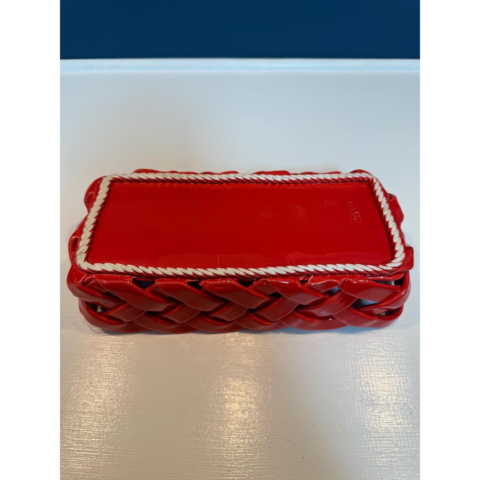 Vintage Primo Gi Red Ceramic Woven Bread Basket Italy Large Weave