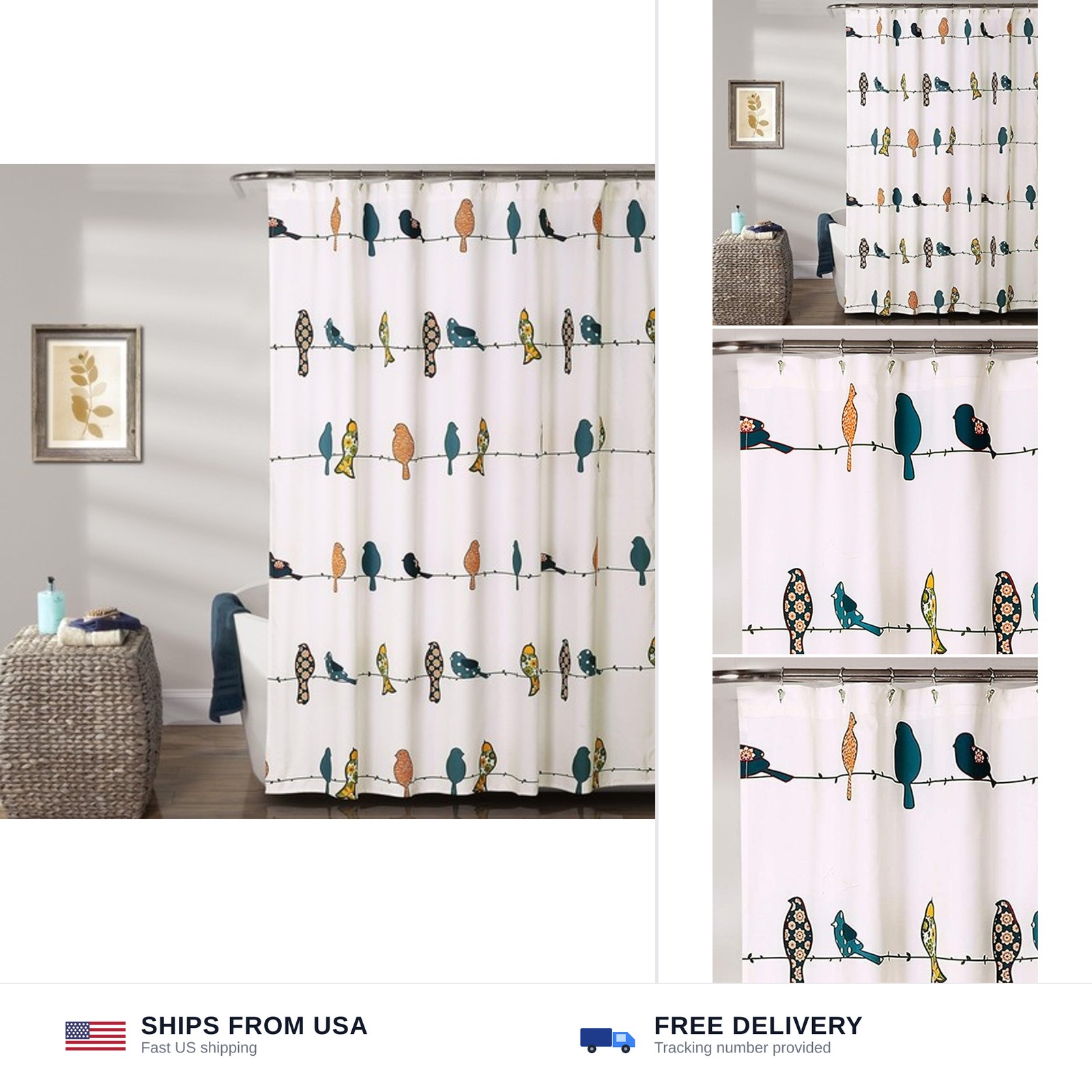 Lush Decor Rowley Birds Shower Curtain, 72” W x 72” L, Multi - Colorful Flora...