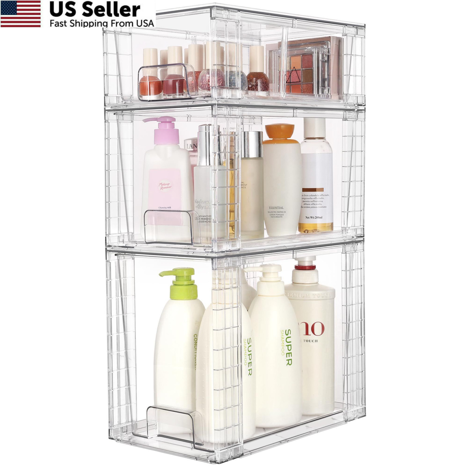 Vtopmart 3 Pack Clear Stackable Storage Drawers,Easy to Assemble Transparent
