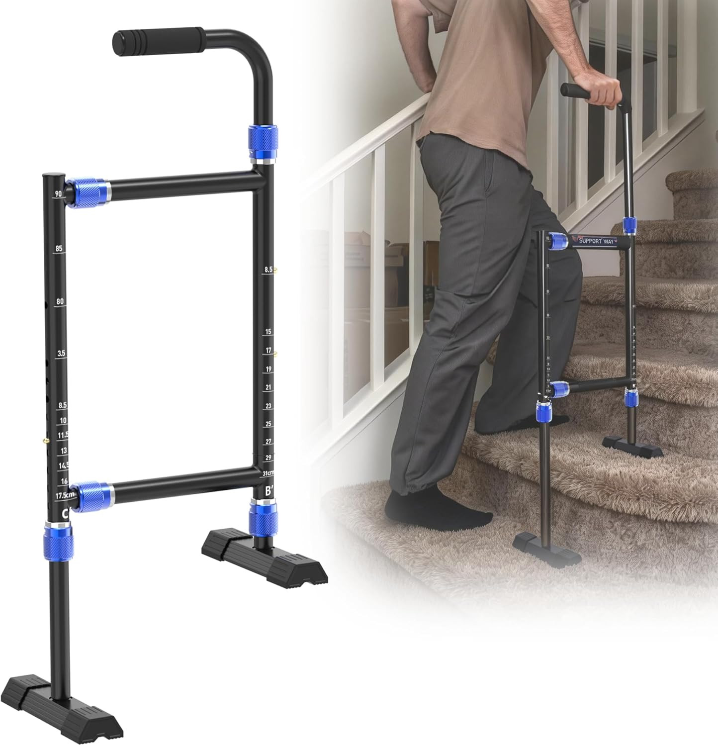 Height & Width Adjustable Stair Assist Cane for Seniors, Customizable to Fit Mos