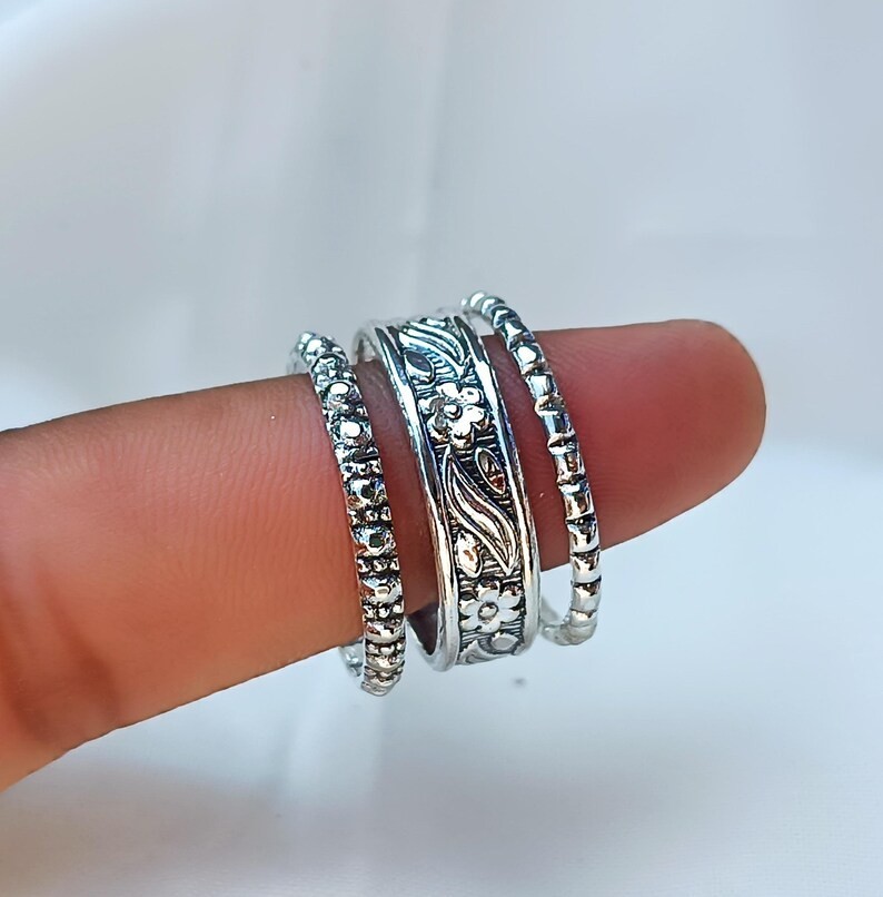 Stacking Ring Set Floral 925 Sterling Silver Band & Statement Handmade All Size