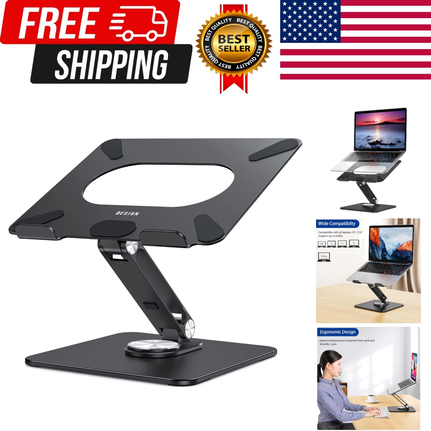Laptop Stand with 360 Rotating Base, Ergonomic Adjustable Notebook Riser, Fol...