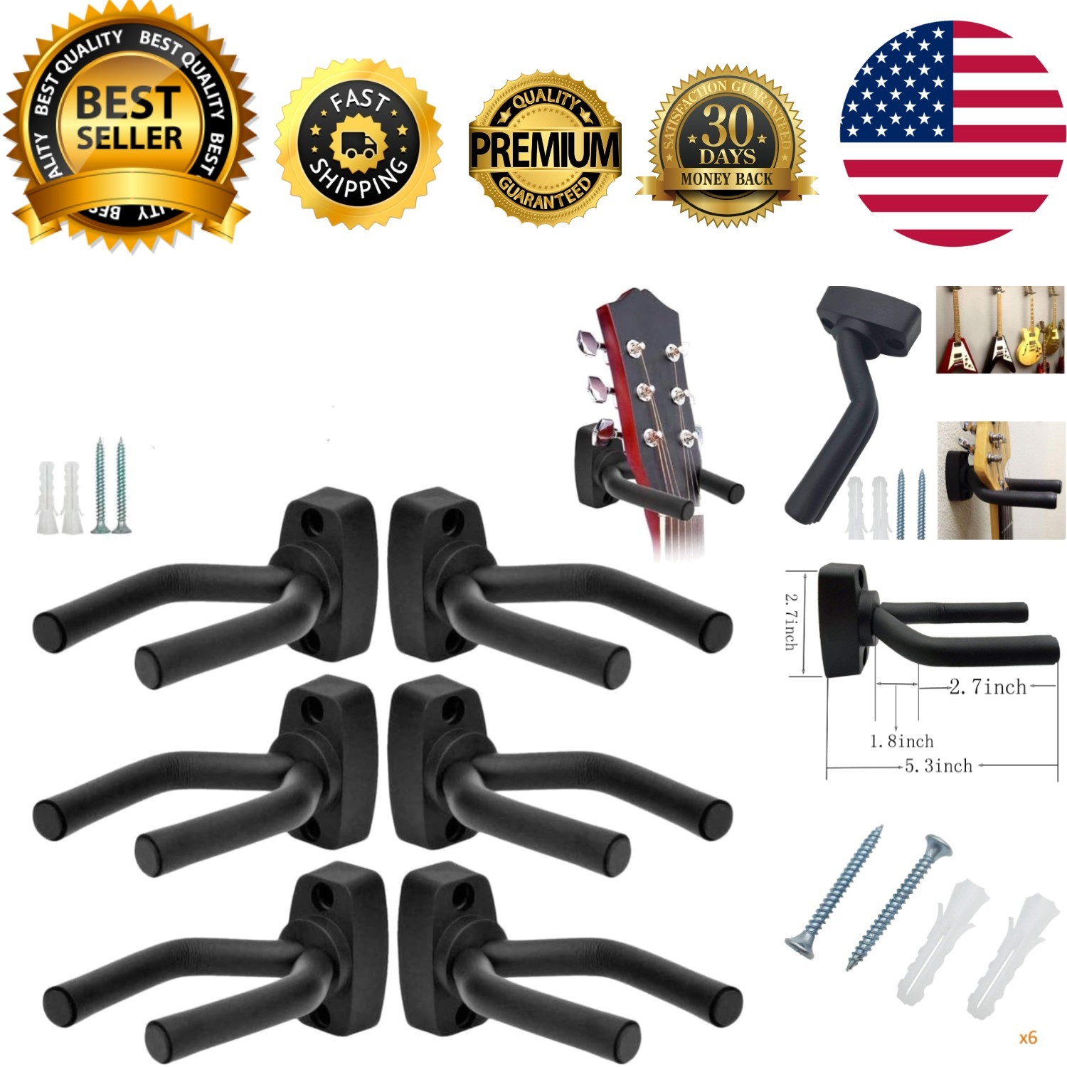 6 Guitar Hangers - Wall-Mounted Hook Set for All String Instruments