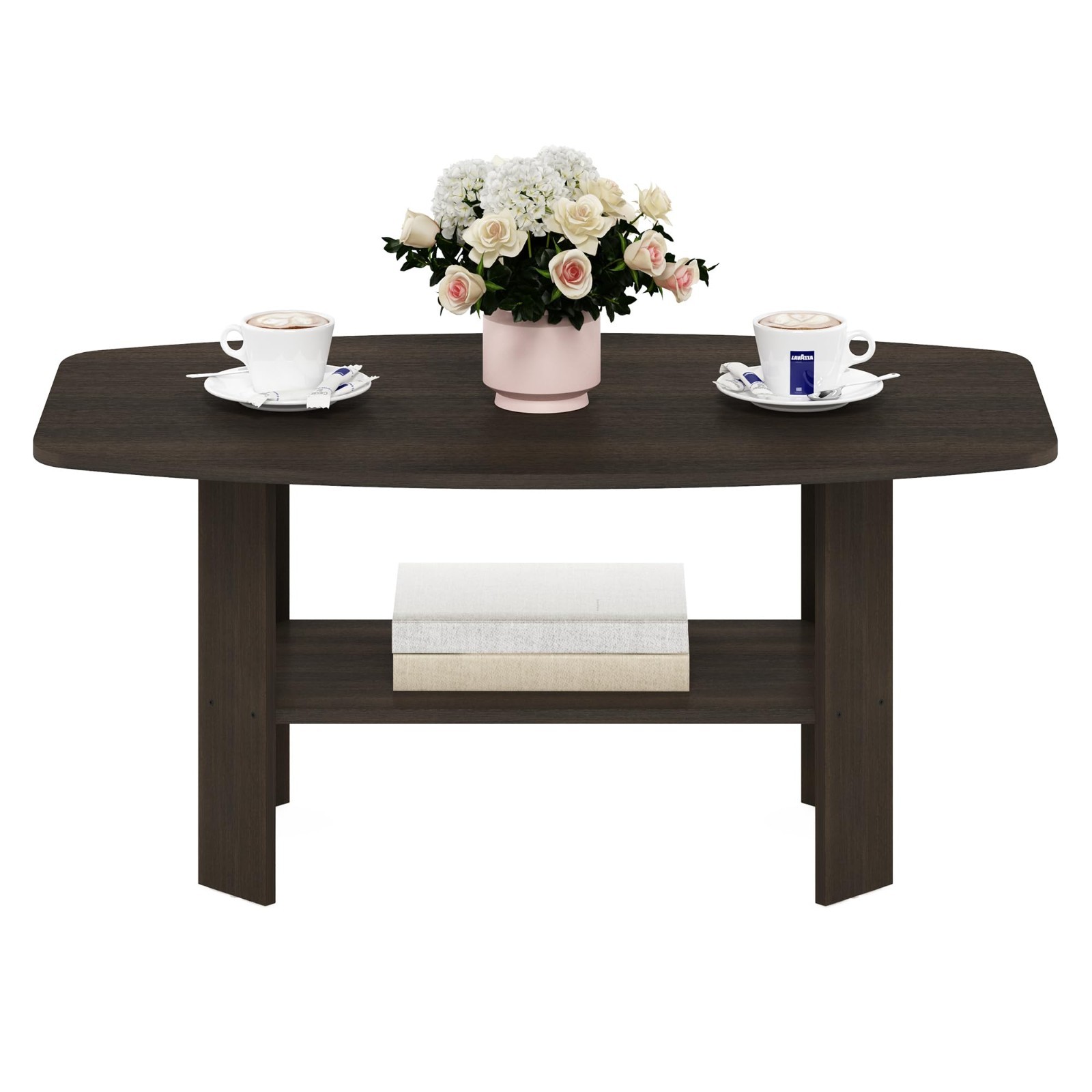 Modern Dark Brown Coffee Table with Open Shelf - Small Side Table for Living Roo