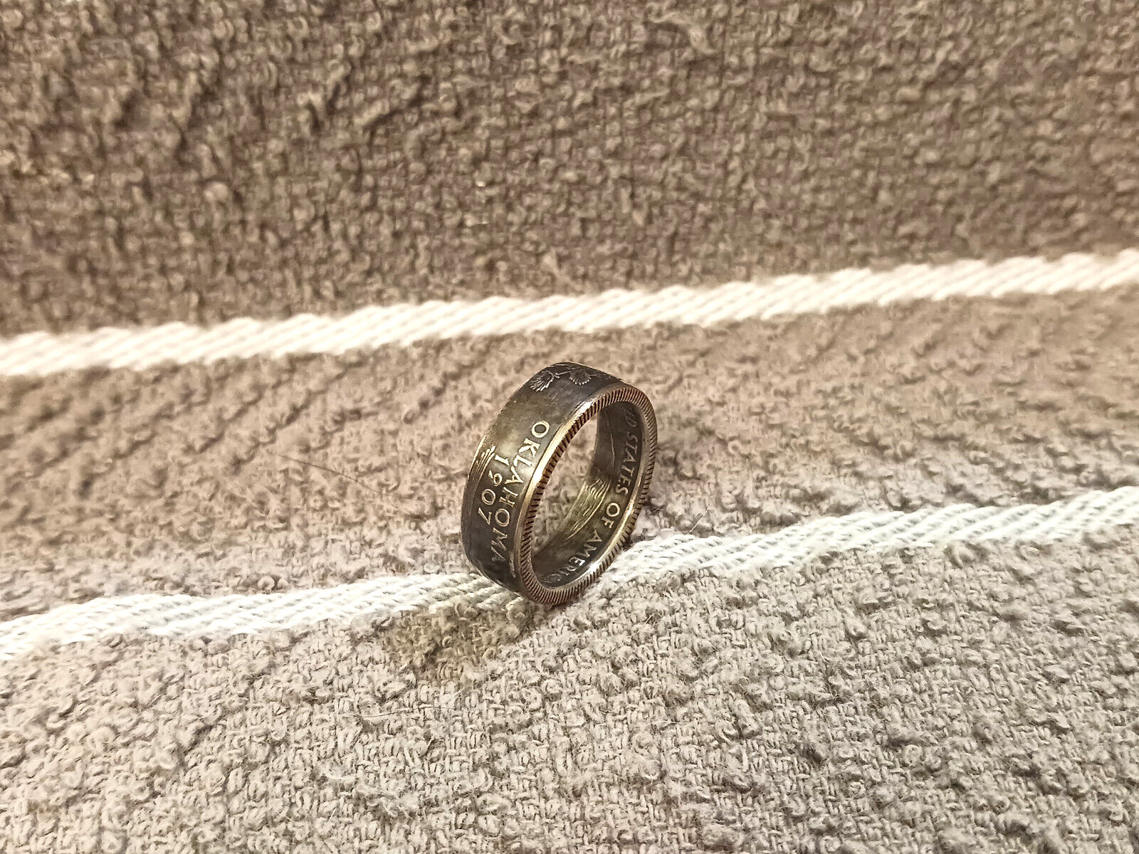 Oklahoma  Handcrafted Washington Quarters coin ring, size 7- 1/2   2008 Clad