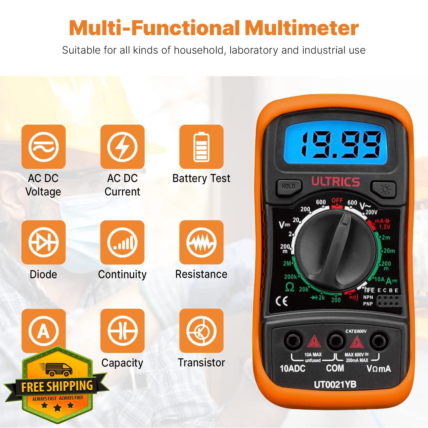 ULTRICS Digital Multimeter Voltmeter Ammeter Ohmmeter Backlight LCD Tester