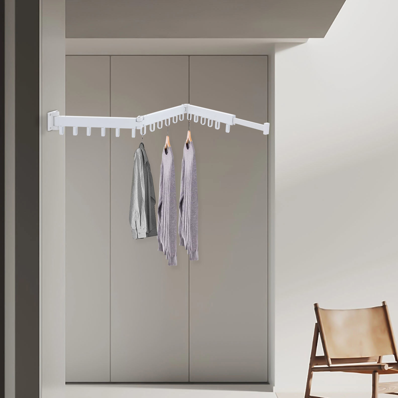 Laundry Clothes Storage Drying Rack Retractable Tri-Folding  Hanger Wall-mounted