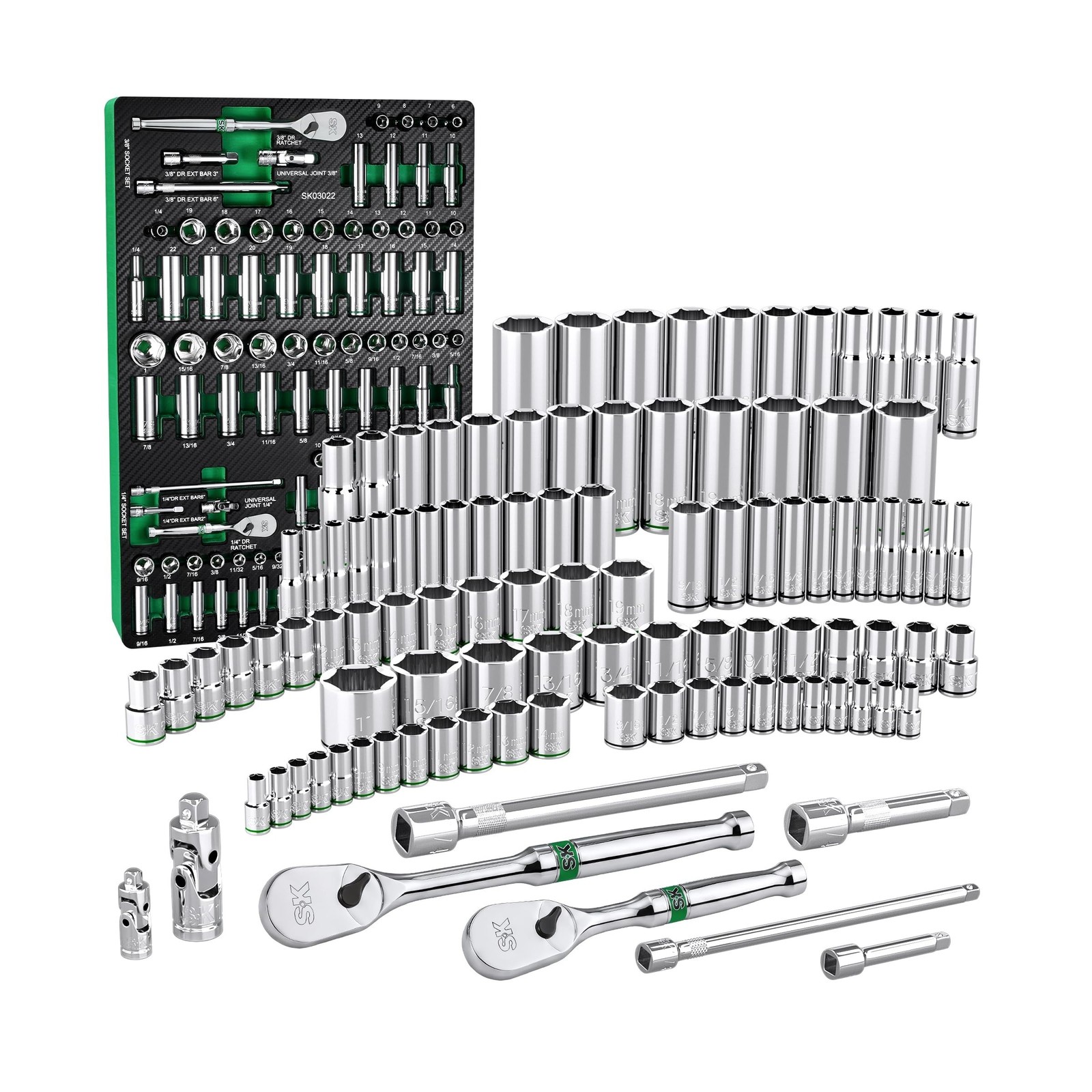 SK 1/4" & 3/8" Drive Socket Set with 90-Tooth Ratchet, 105-Piece, SAE & Metri...