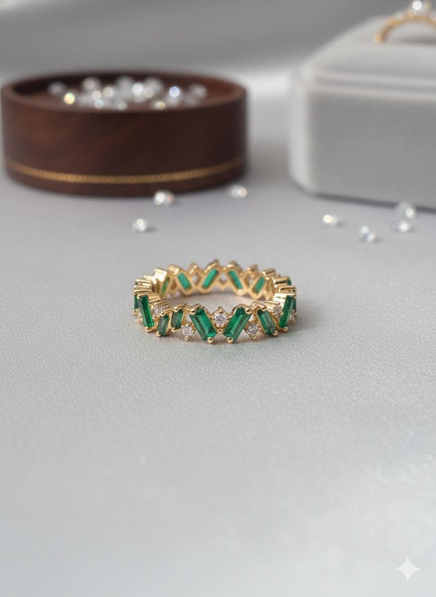 Emerald Green Baguette Ring Gold Zircon Statement Band Adjustable Stacking Ring