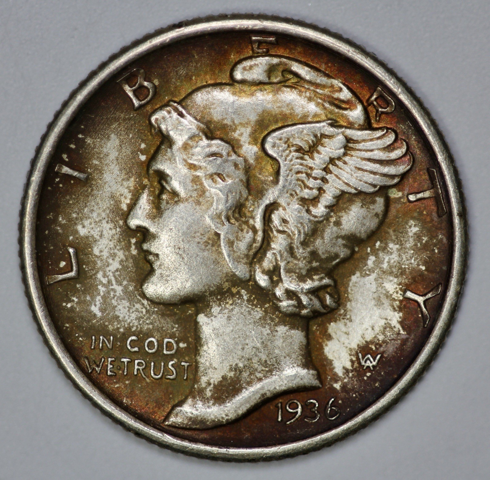 1936 Mercury 10c Silver Dime UNC Sunset Toning