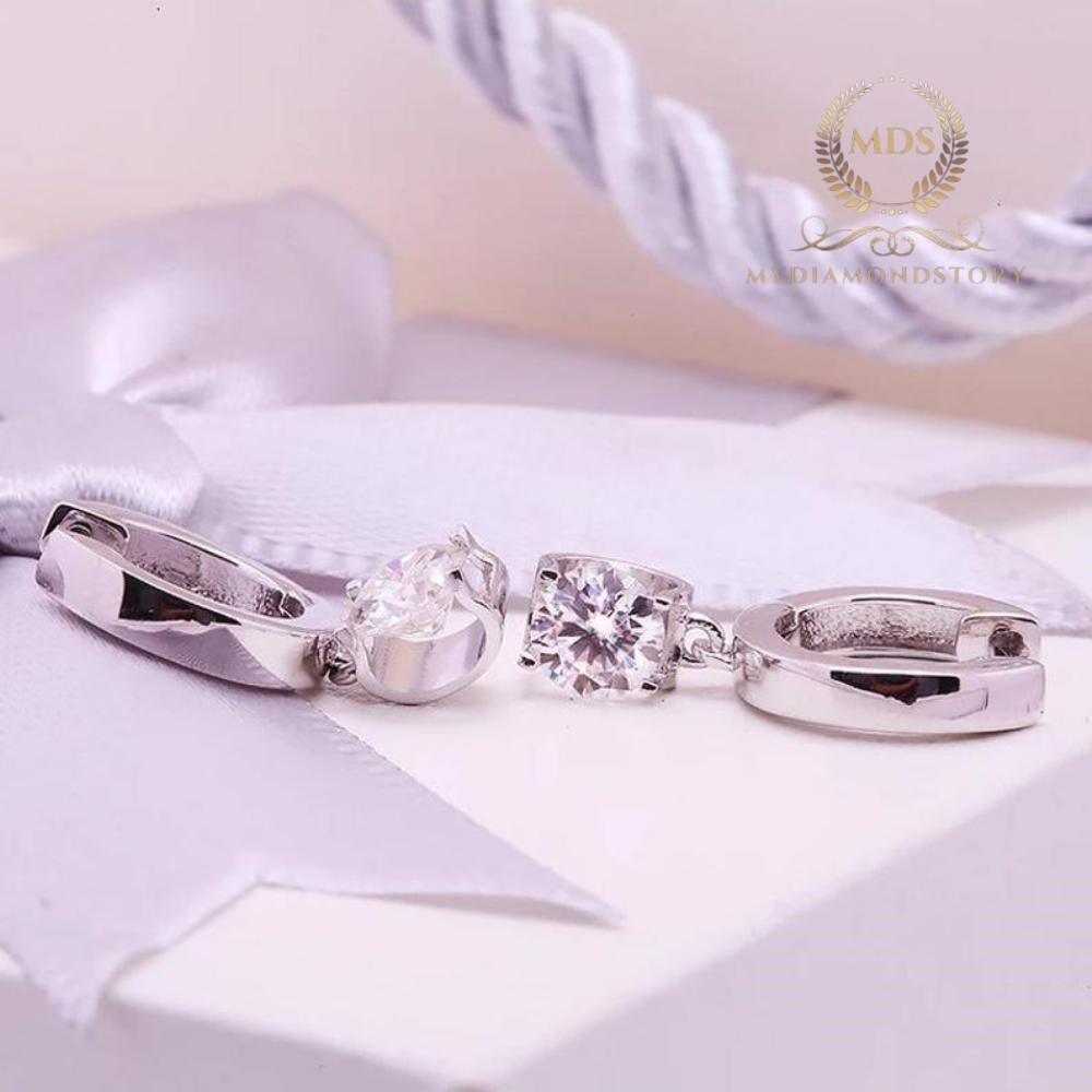 Solid 14K White Gold Moissanite Drop/Dangle Earrings 2 Carat Round Brilliant Cut