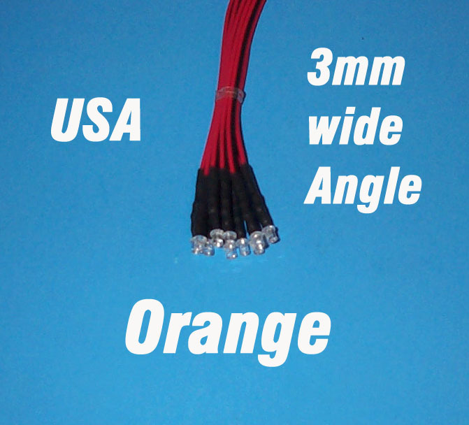 10 x LED - 3mm PRE WIRED 12 VOLT WIDE VIEW ANGLE ORANGE