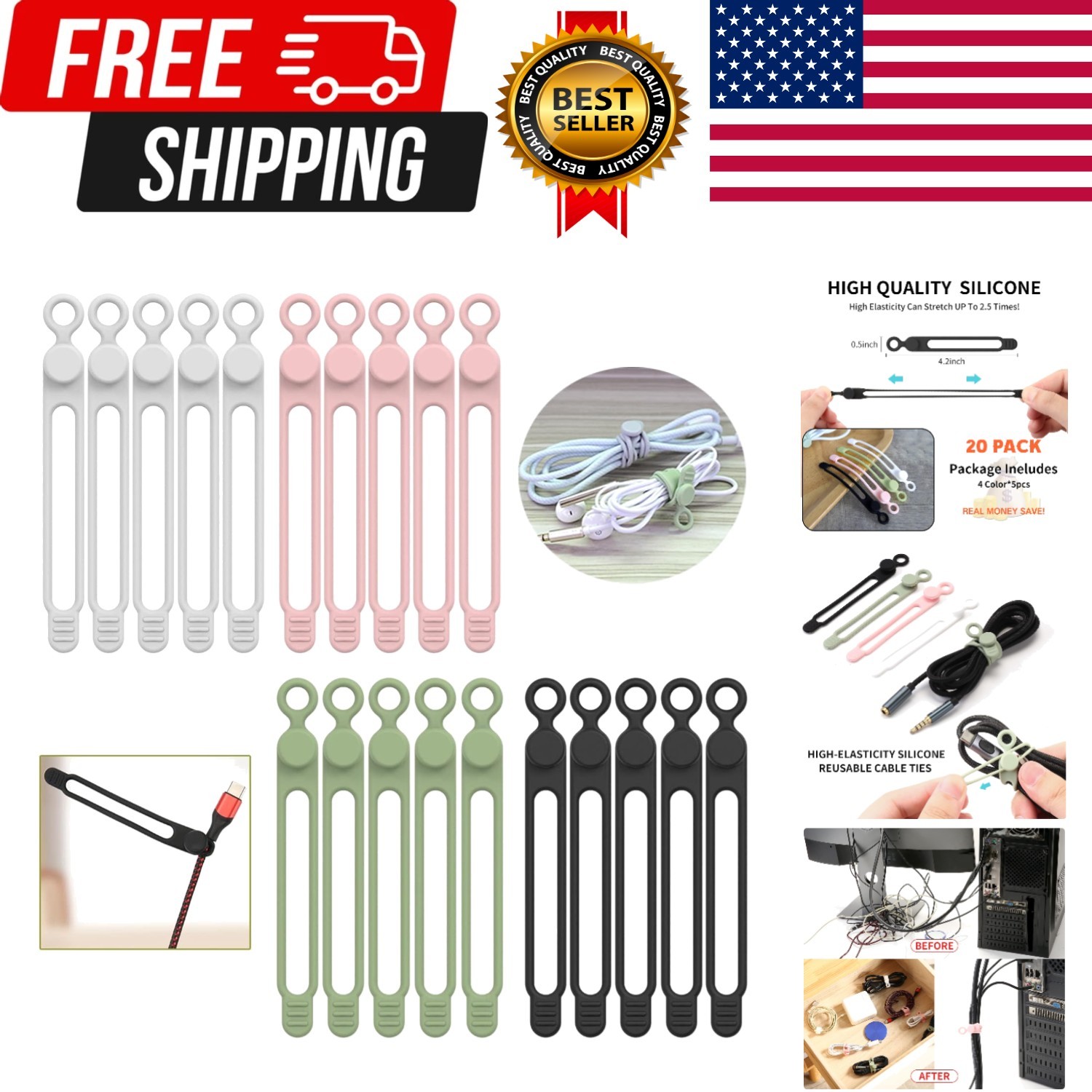 20Park] Silicone Cable Ties,Reusable Cable Management Organizer, Multipurpose...