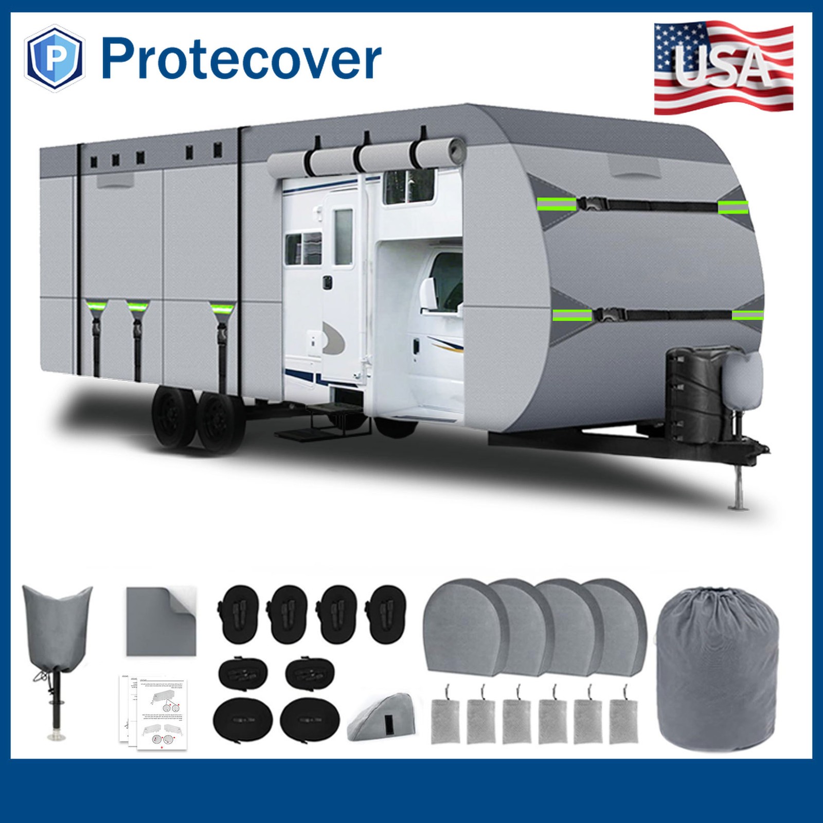 8 Layers Top Camper Cover Windproof Travel Trailer RV Cover Fit 24' to 27'