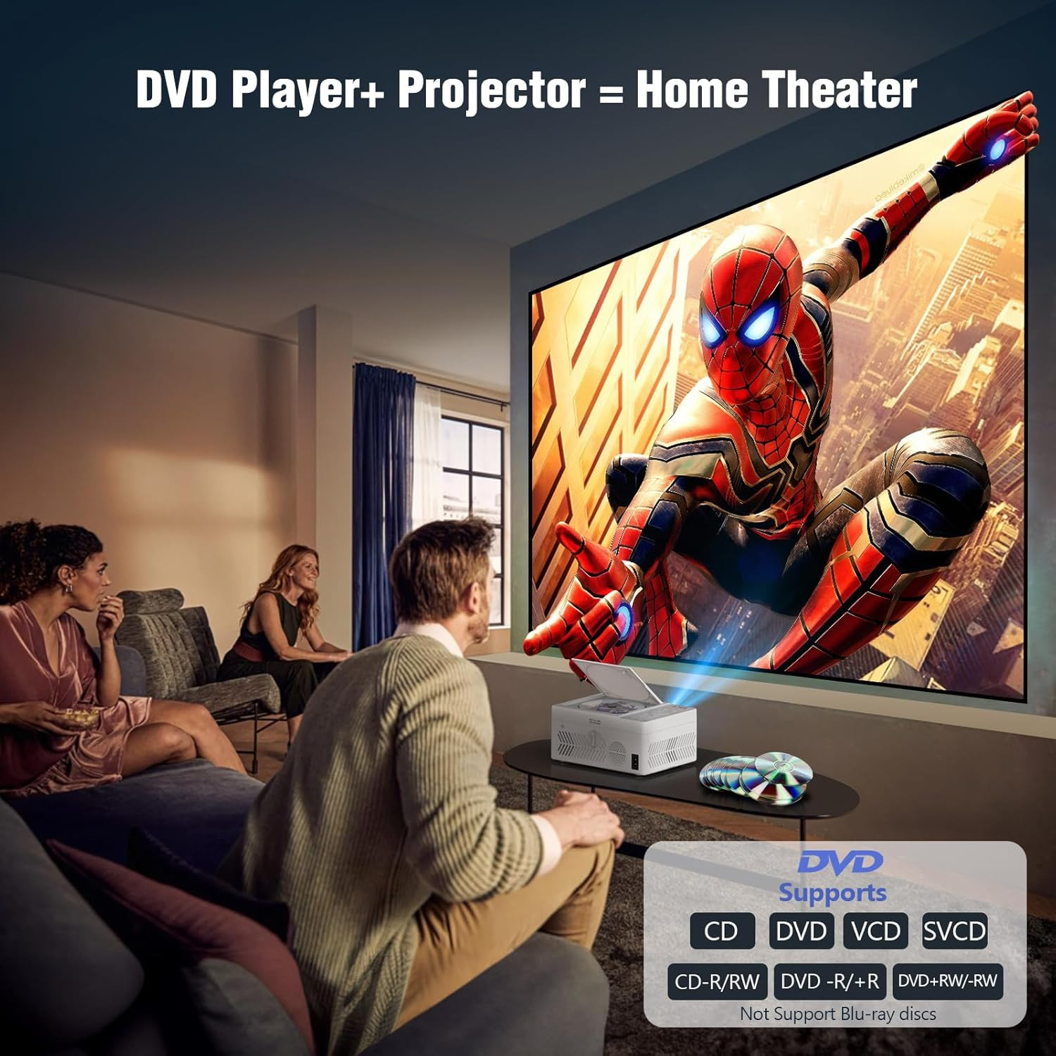 TMY Bluetooth Projector with DVD Player Built in, 1080P Mini Projector, Portable
