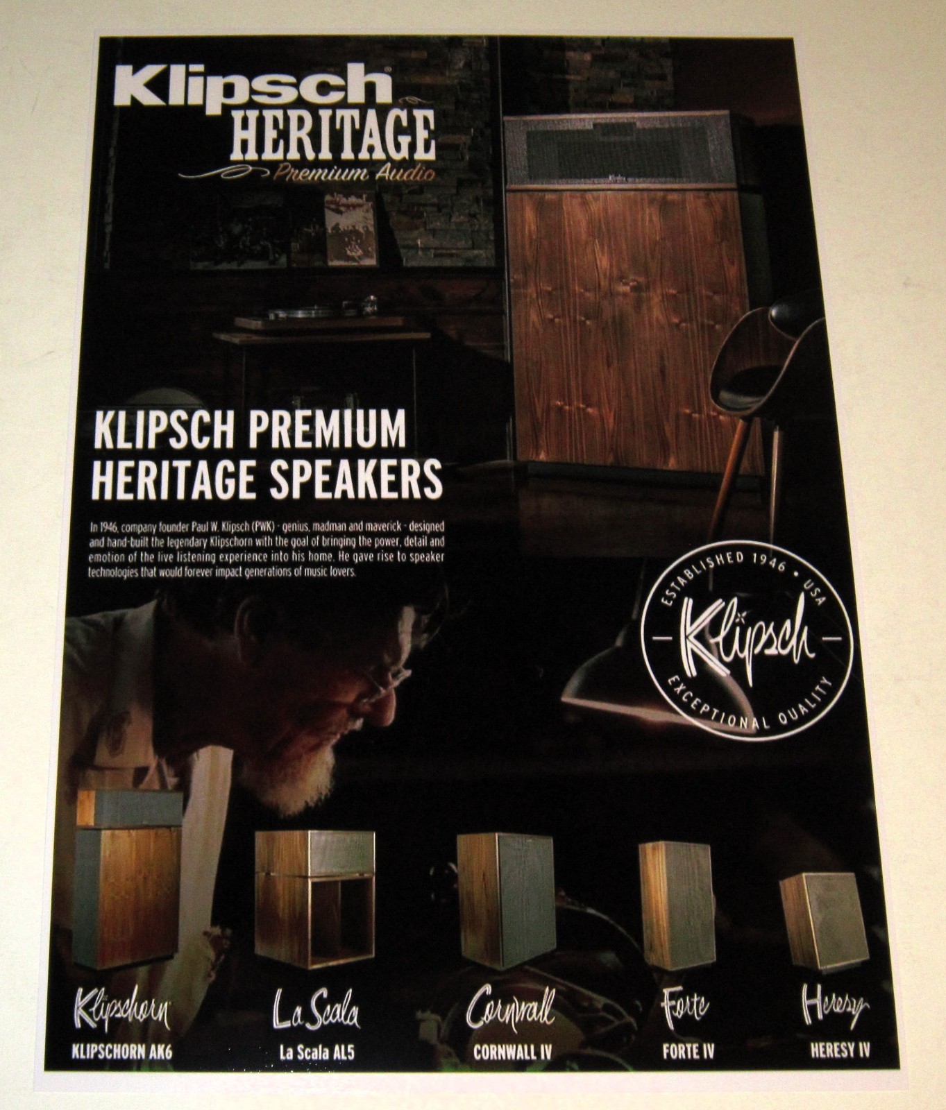 Klipsch Heritage Line Poster 19" x 13" Klipschorn, LaScala, Forte, Cornwall, Her