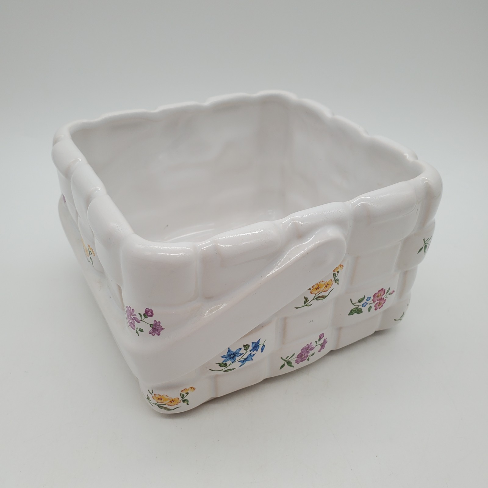 Vtg Teleflora Ceramic Planter Container Basket /w Floral Embellishment 6" Square