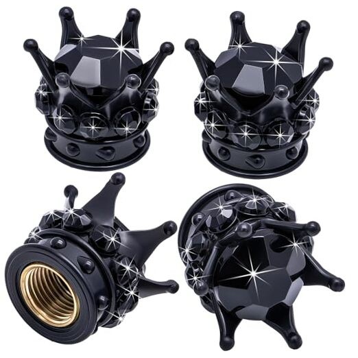 4PCS Crown Bling Tire Stem Valve Caps, Crystal Diamond Car Wheel Black & Black