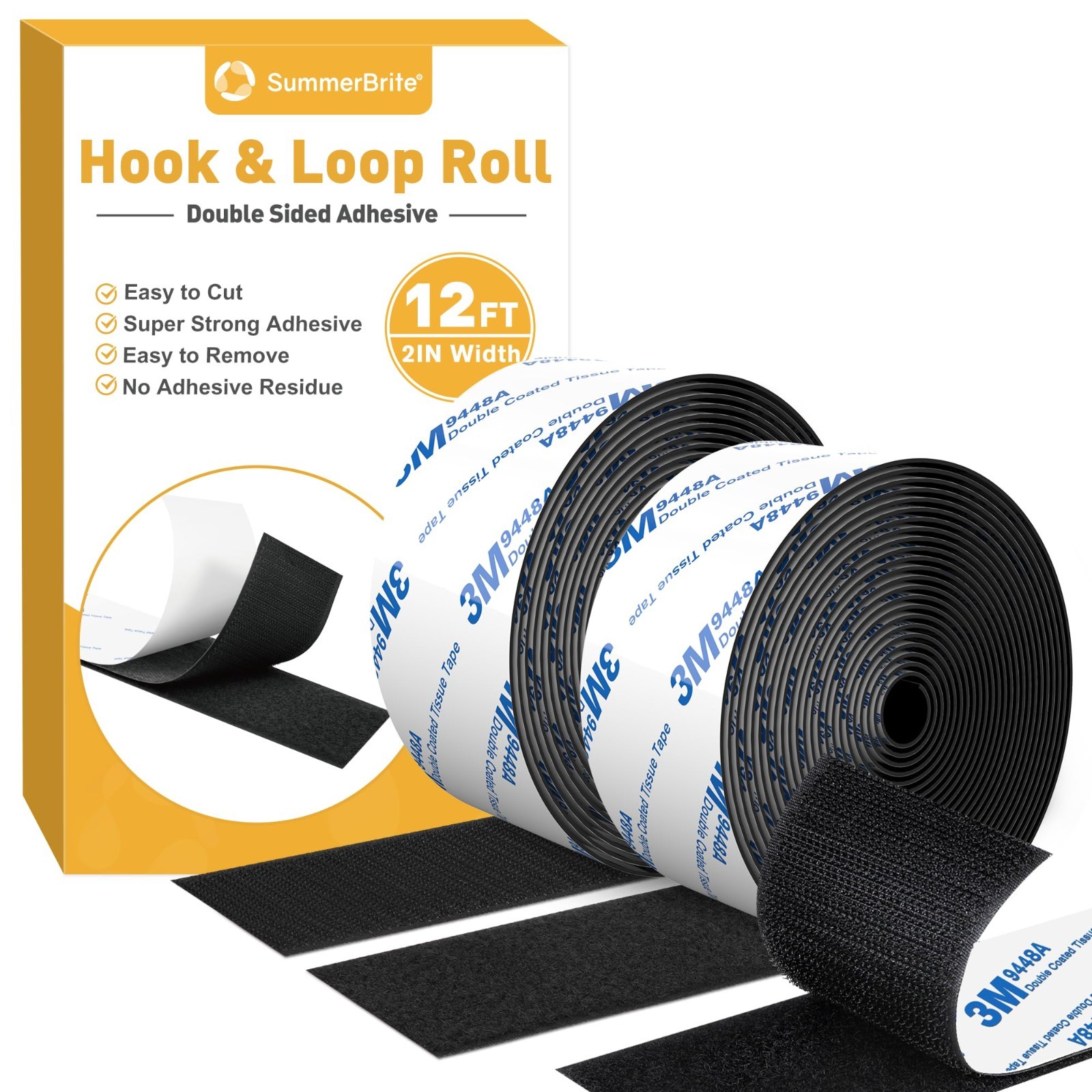 12FT Heavy Duty Hook and Loop Tape - Double-Sided Adhesive Strips for Home, Offi