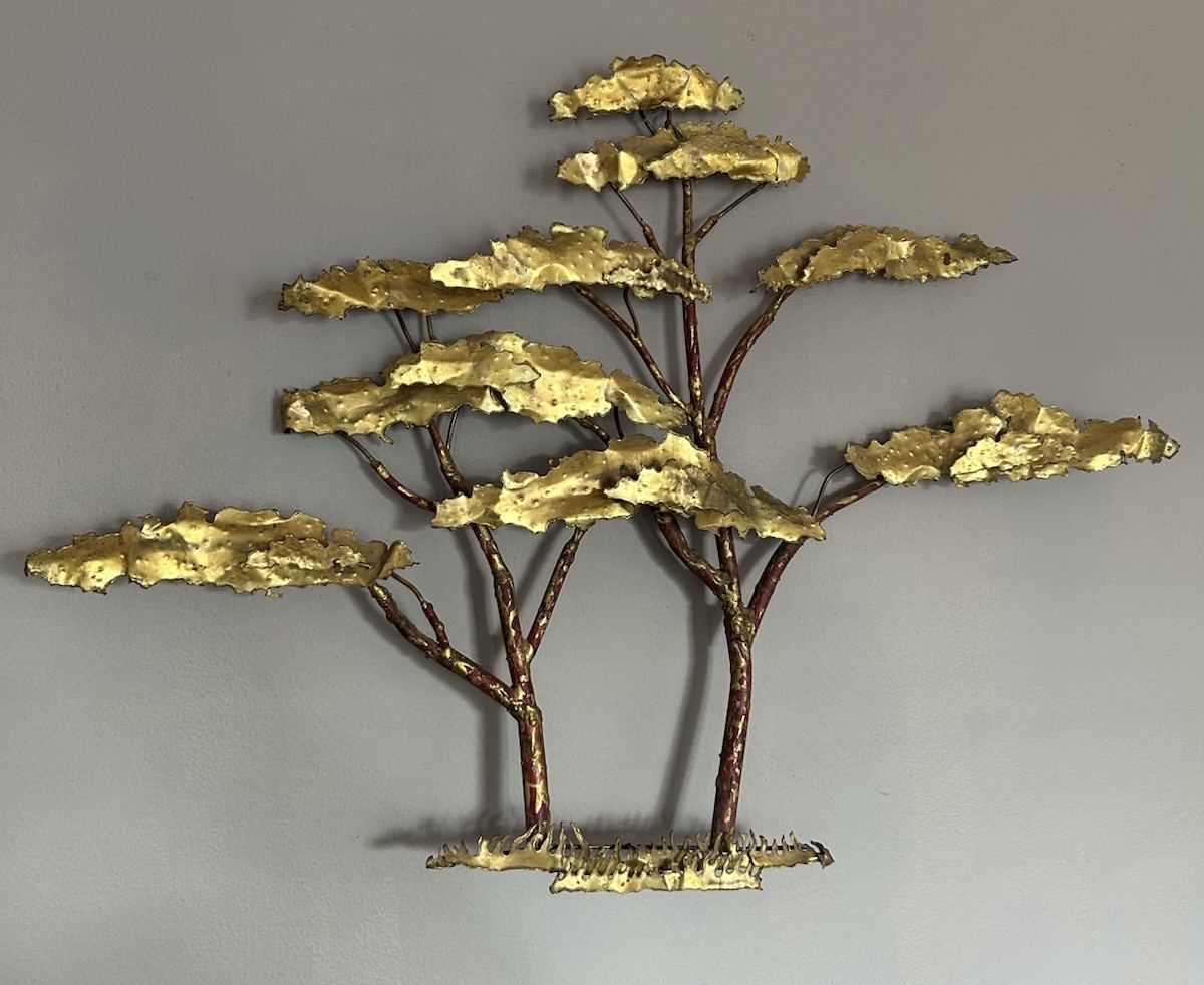 Vintage Mid Century Modern Brutalist Metal Tree Wall Sculpture Gold Red 33x22