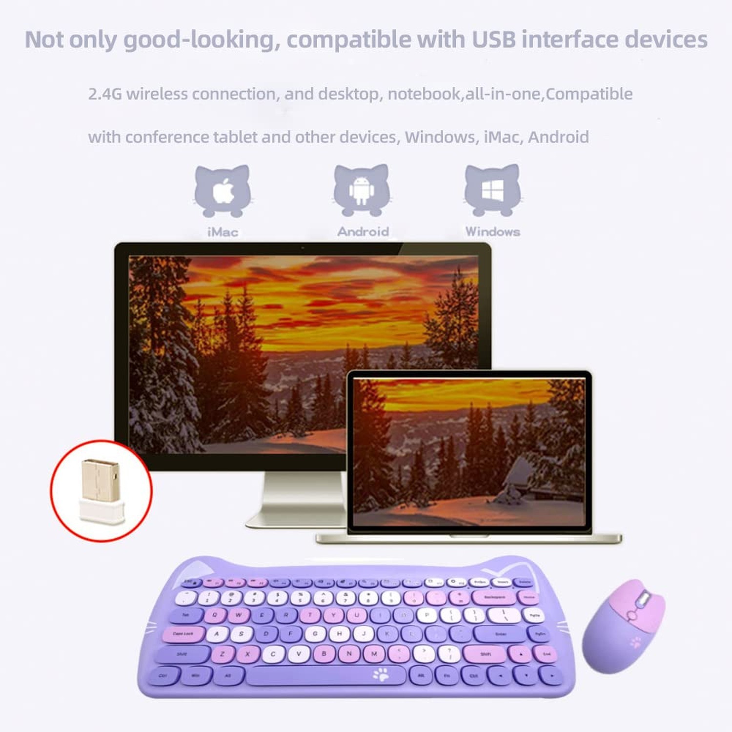 Wireless Mouse and Keyboard, Cute Cat Keyboard Mouse Combo for present,2.4G C...