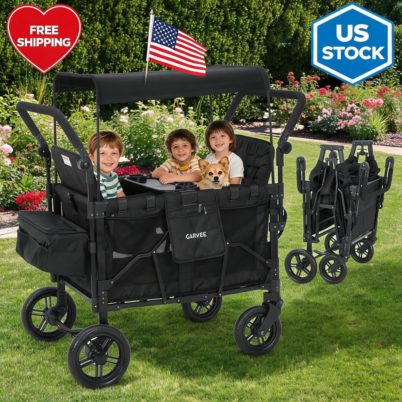 4 Seater Stroller Wagon Premium Quad Stroller Wagon for 4 Kids Adjustable Push