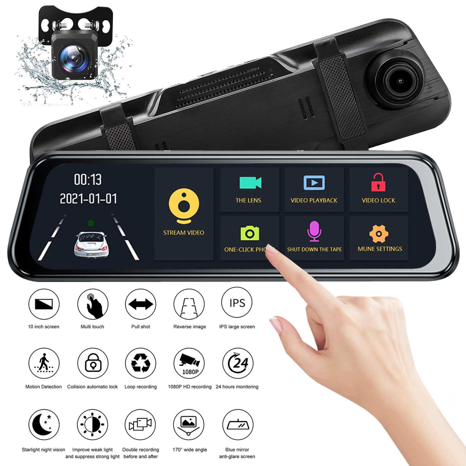 10" Dual Dash Cam Car Rear Mirror View Backup Dual Camera Night Vision IPS