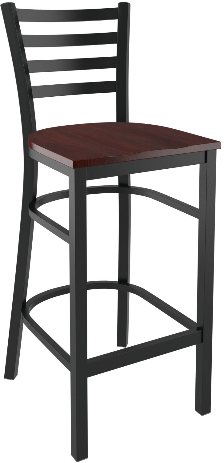 Ladder Back Metal Restaurat Bar Stool in Black Finish and Dark Mahogany Seat