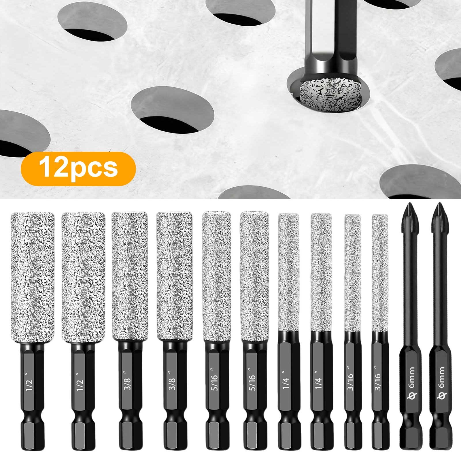 12x Diamond Drill Bit Set Dry Core Tile Bits 35mm Depth 1/4" Hex Shank for Glass
