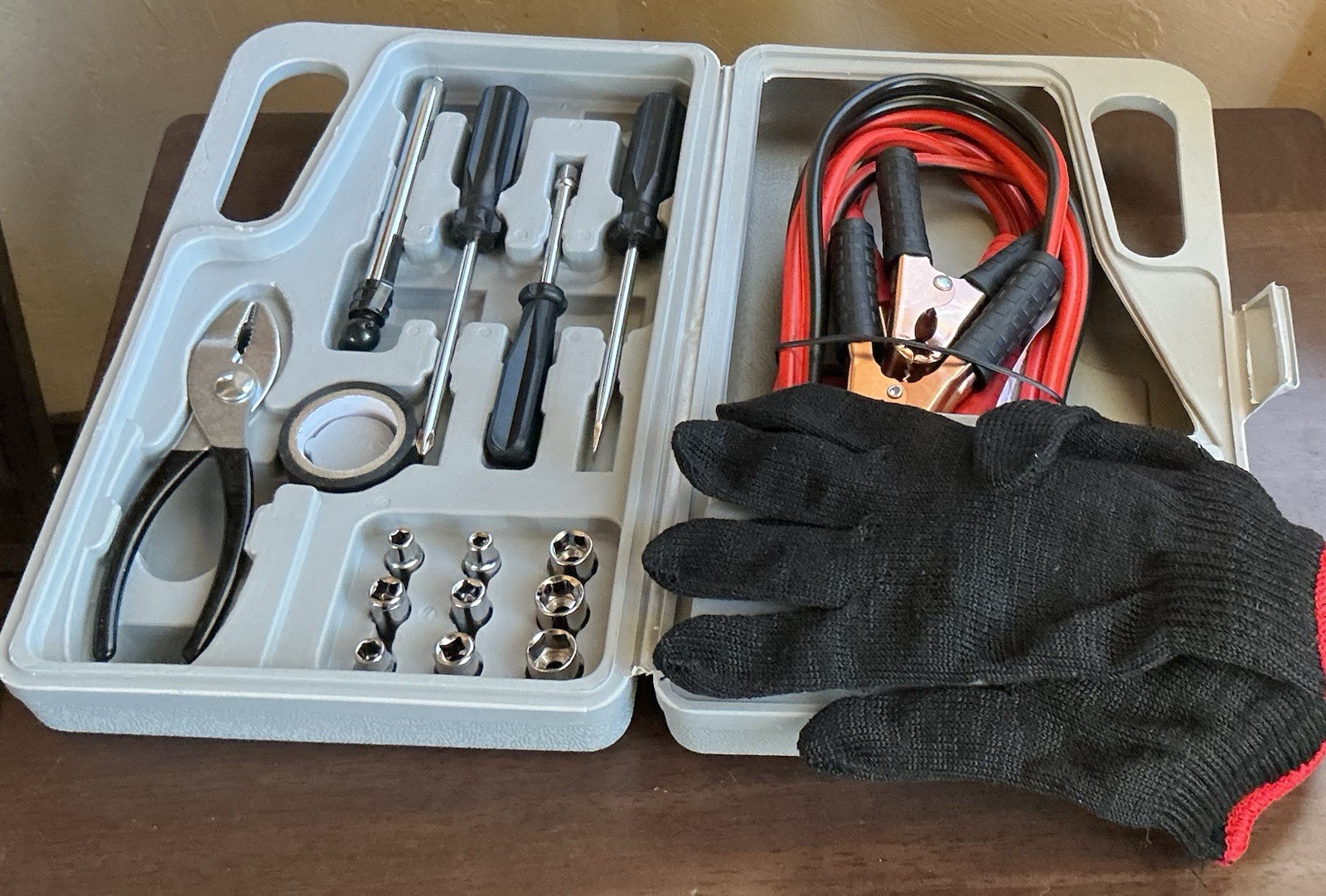 Roadside Emergency Kit New W/O Tags- Jumper Cables, Gloves, Tire Gauge, Tools
