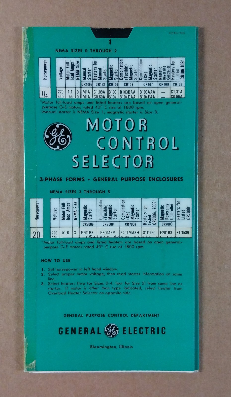 1960 GE Motor Control & Overload Heater Selector vintage Slide Calculator