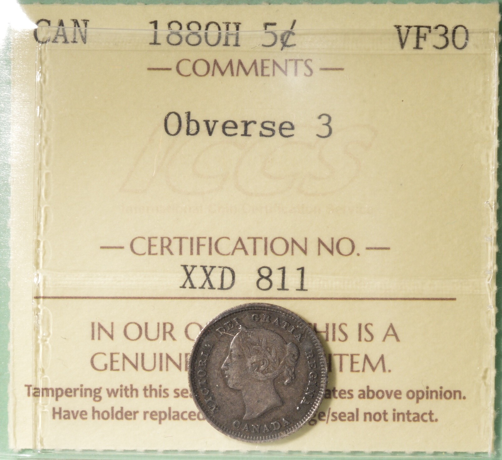 1880H Canada SILVER FIVE Cents - ICCS VF-30  -  Serial # XXD 811