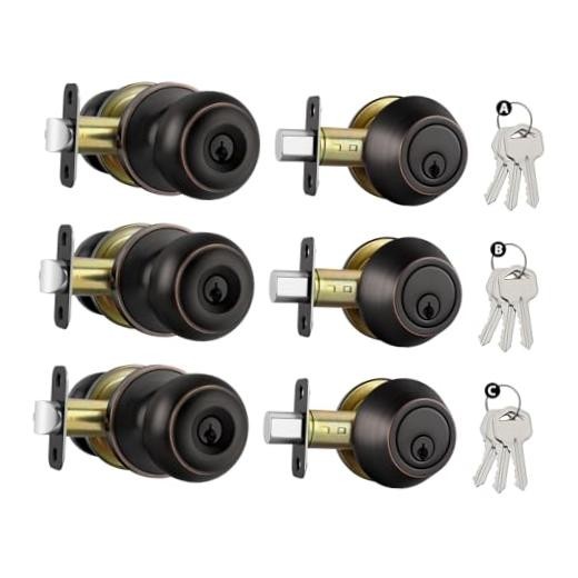 Entry Door Lock 3 Pack Oil Rubbed Bronze Exterior Door Knobs with Deadbolt