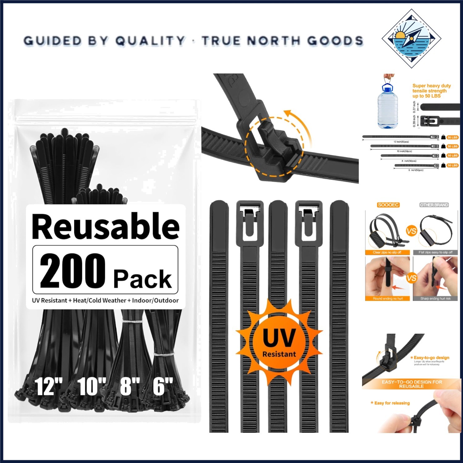 200 Count Heavy Duty Zip Ties Assorted Sizes with Non-Slip Grip for Reliability