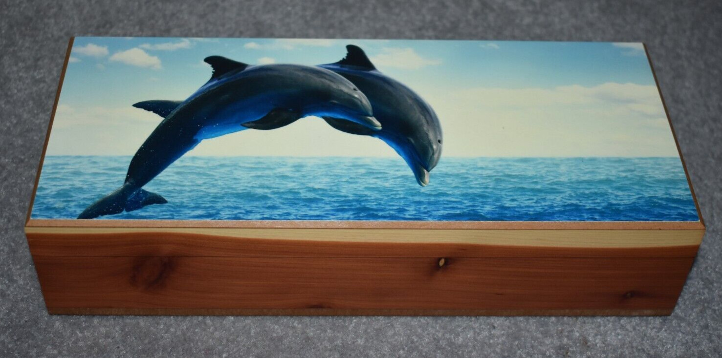 #4898 JUMPING DOLPHINS KEEPSAKE JEWELRY WOOD CEDAR BOX 5" X 12"