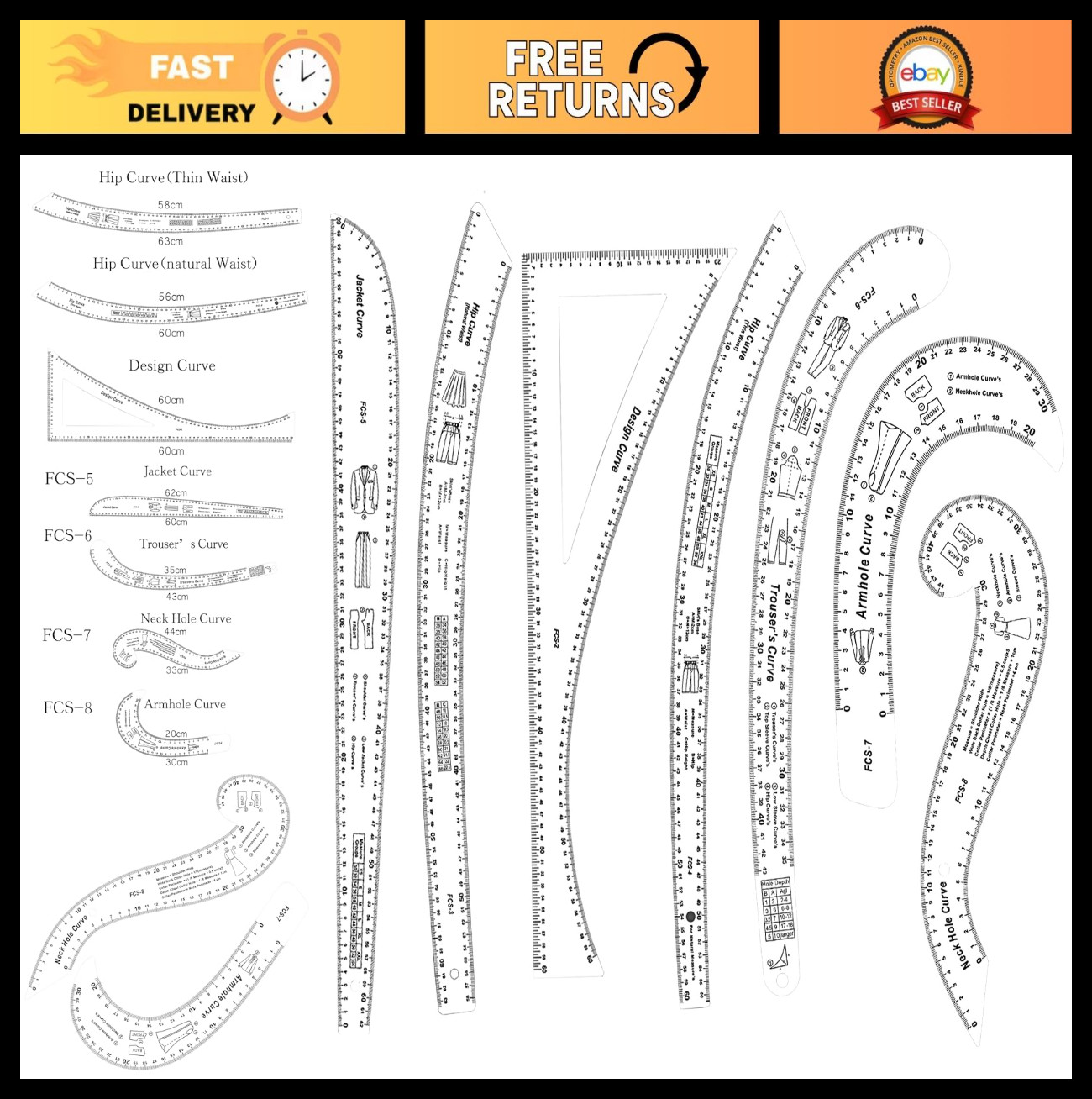 7Pcs Sewing Ruler Set - French Curve & Pattern Making Tools for Beginners