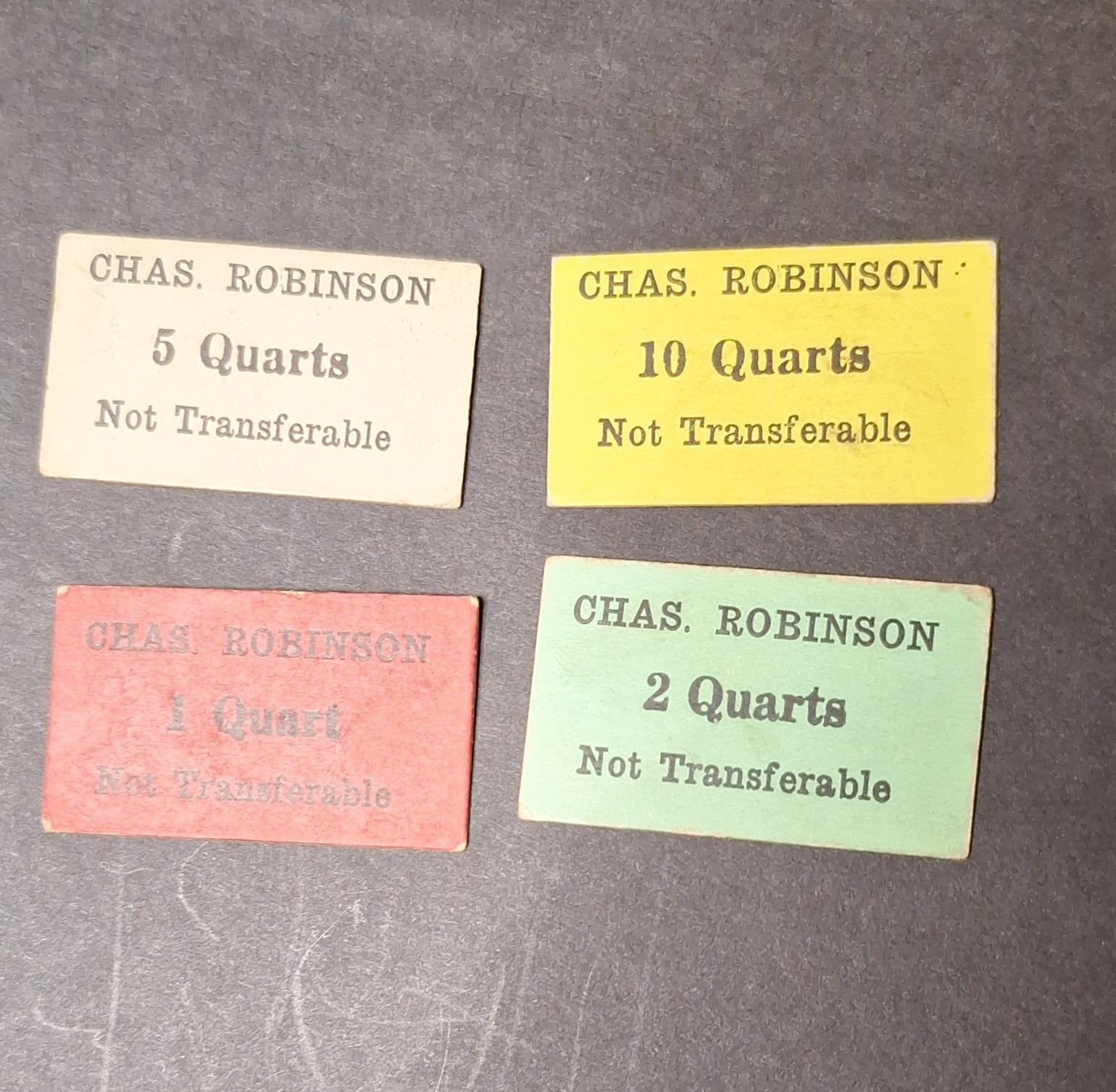 CHAS. ROBINSON Paper Trade Tokens 1 2 5 10 Quarts Not Transferable