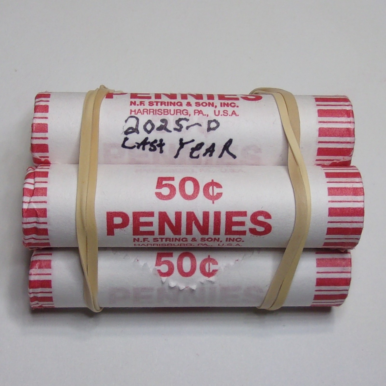 2025 D Penny 5 Full Rolls of Pennies from new bank box "Last Year Made"
