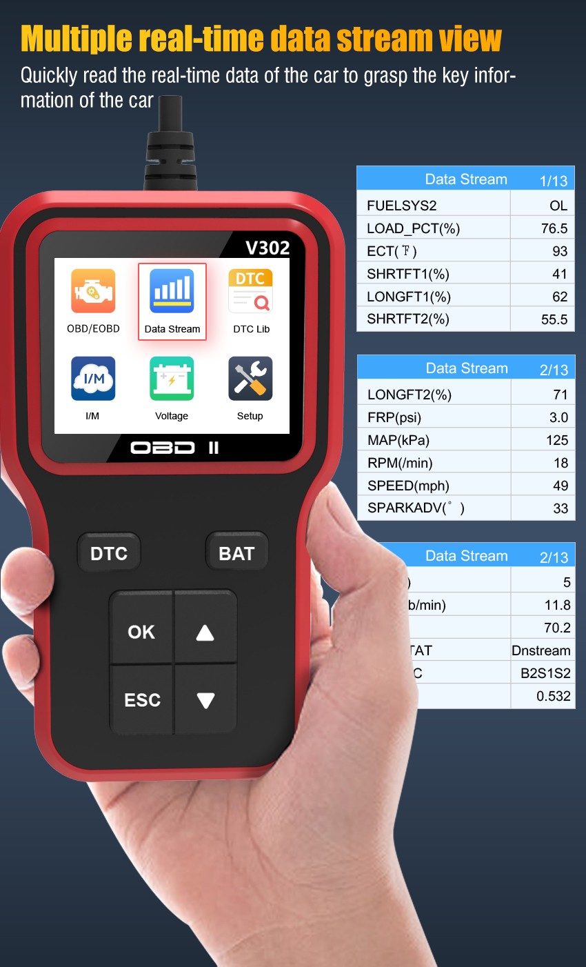 OBD2 Scanner Car Code Reader Battery Voltage Test O2 Sensor Live Data EVAP Test
