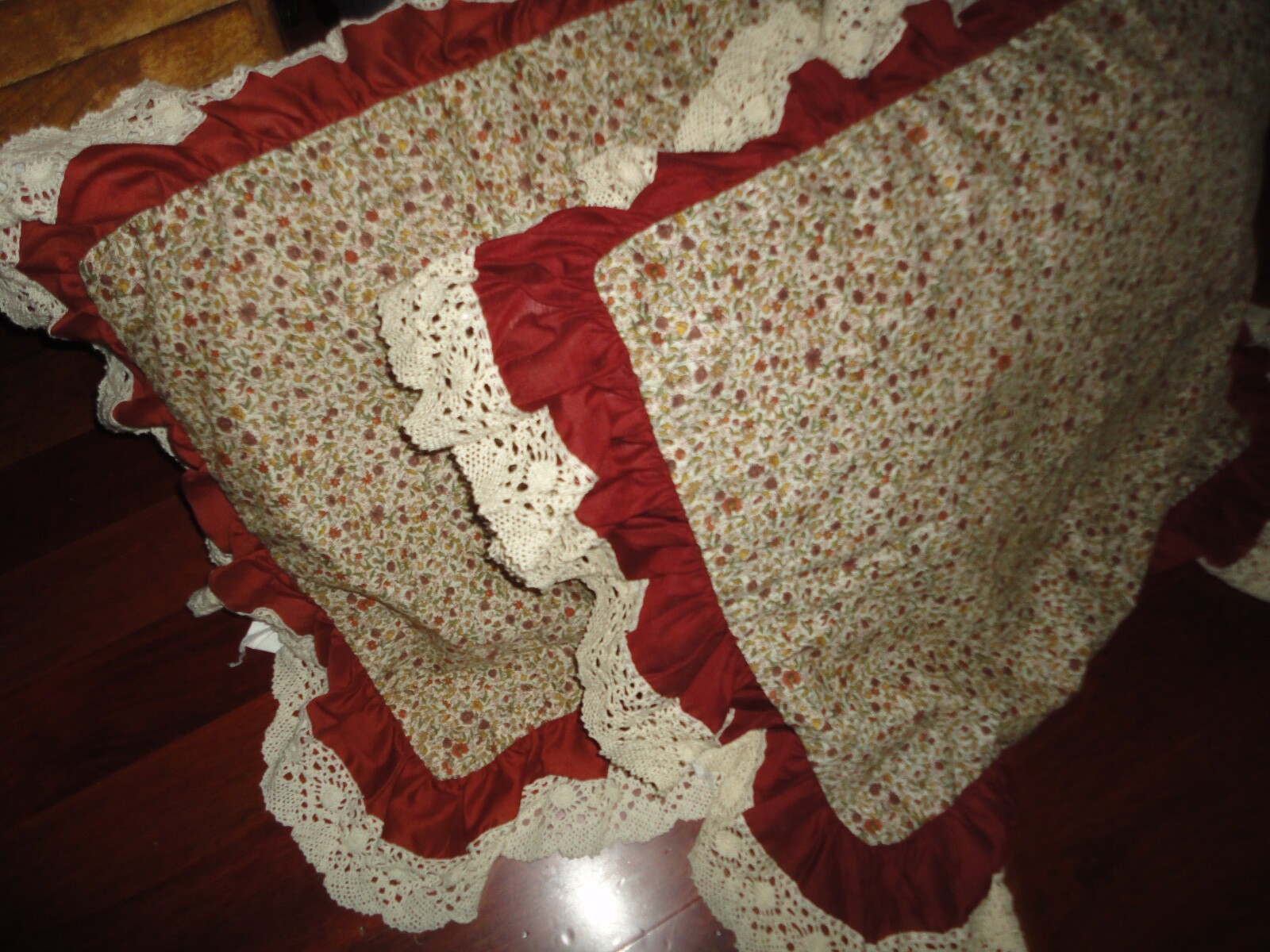 CROCHETED RUFFLED LACE BURNT ORANGE CREAM FLORAL (2) STANDARD PILLOW SHAMS