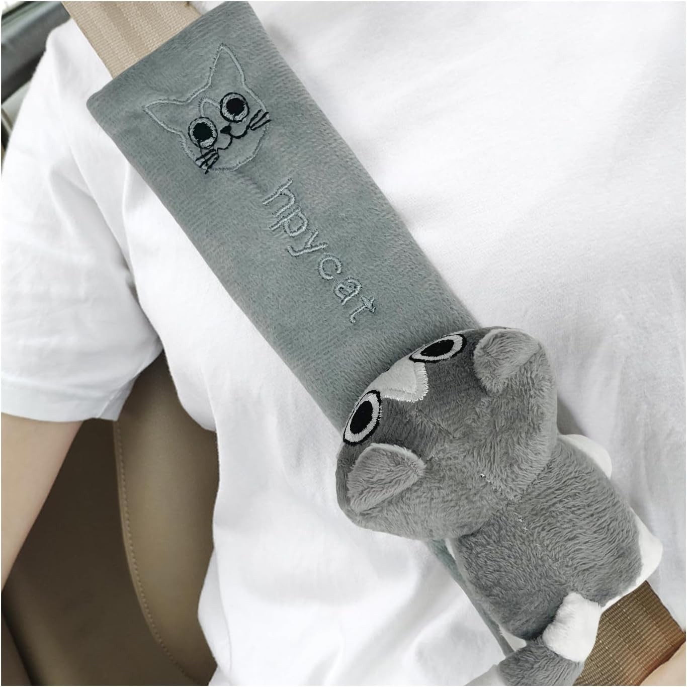 Wevdn 2 PCS Cute Car Seat Belt Pads Soft Cartoon Strap Cover Gray Cat