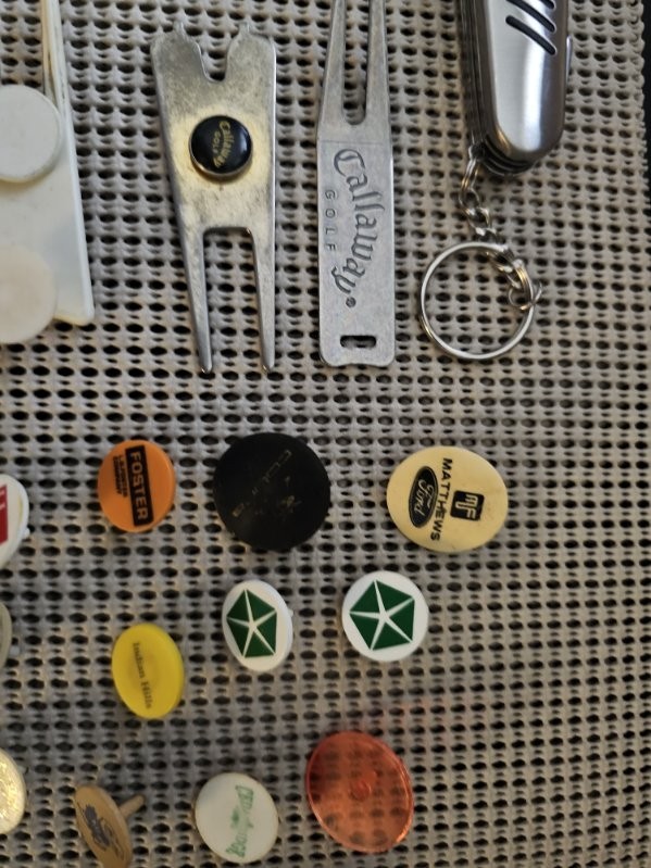 Lot Of 50+ Vintage Golf Ball Markers, Divot Tools, And Spike Tools.